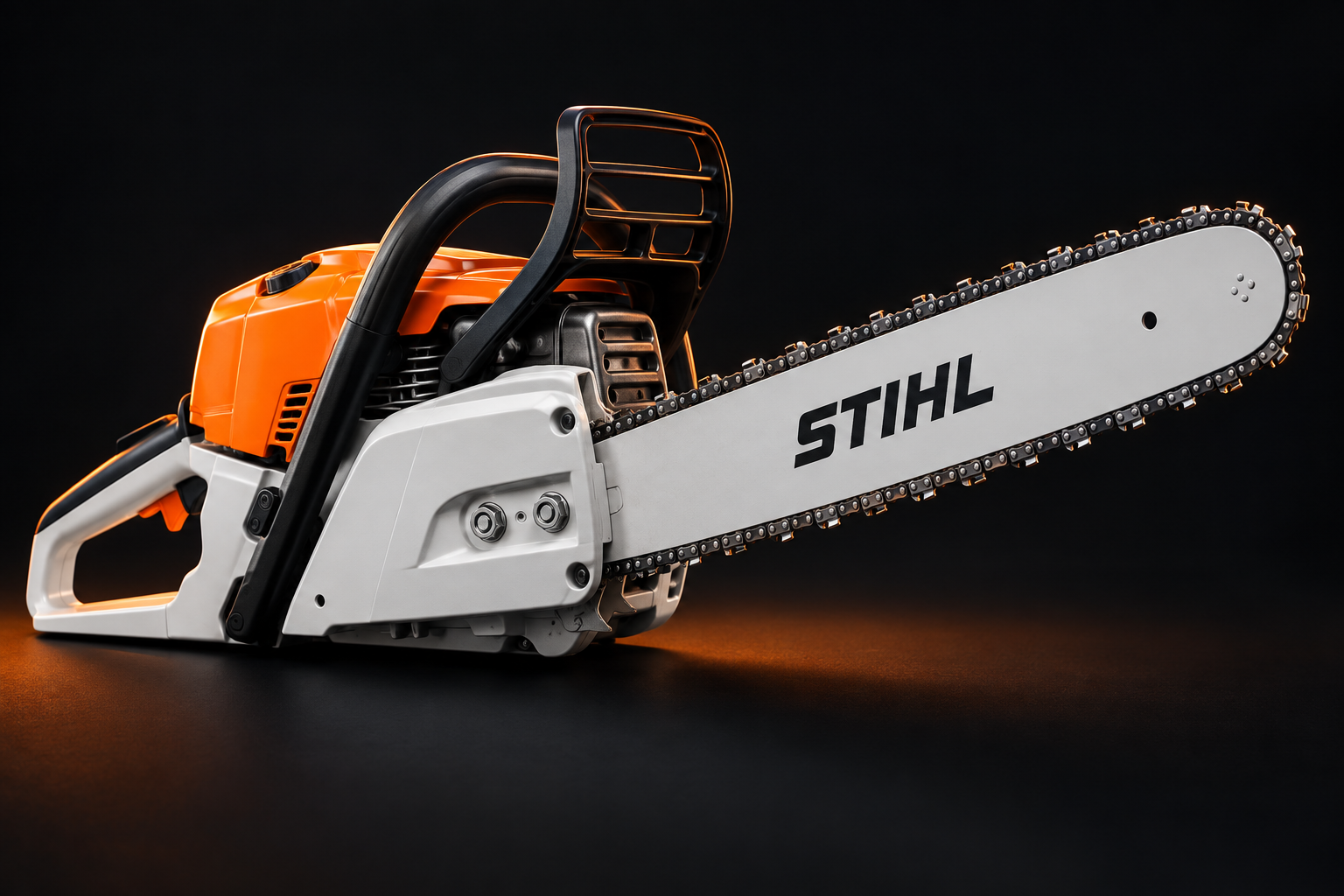 Imagem ilustrativa de uma motosserra Stihl laranja e branca